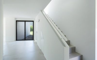 architecture, interior modern house, cement staircase and wide corridor